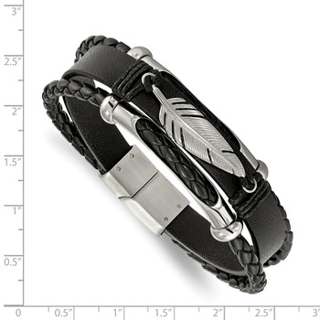 Chisel Stainless Steel Polished Feather Multi Strand Black Leather 8.25 inch Bracelet — alternate view