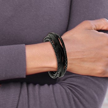 Chisel Stainless Steel Brushed Multi Strand Black Braided Leather 8.25 inch Bracelet — alternate view