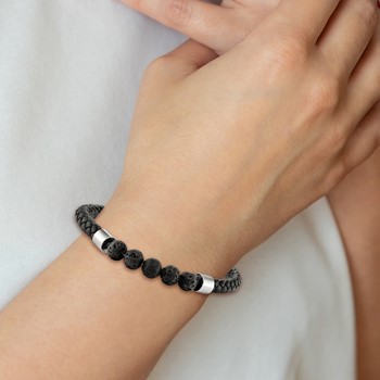 Chisel Stainless Steel Polished with Lava Stone Beads Black Leather 8.75 inch Bracelet — alternate view