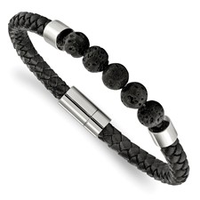 Image of Chisel Stainless Steel Polished with Lava Stone Beads Black Leather 8.75 inch Bracelet