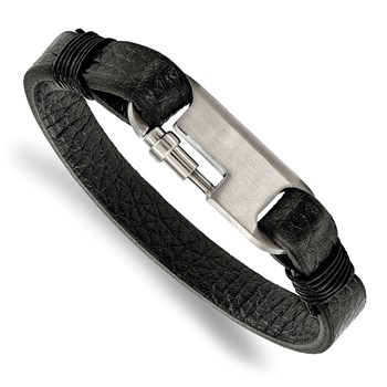 Chisel Stainless Steel Brushed Black Leather 8 inch Bracelet