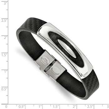 Stainless Steel Polished Black Leather 8in Bracelet — alternate view