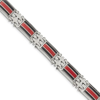 Chisel Stainless Steel Polished with Black Carbon Fiber and Red Fiberglass Inlay 9.25 inch Link Bracelet