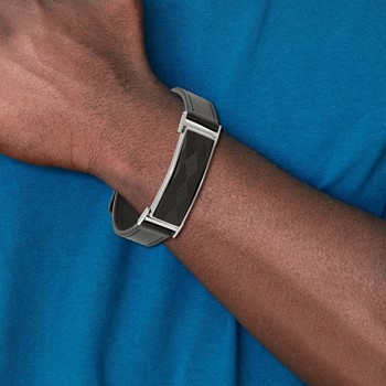 Chisel Stainless Steel Polished Black Leather with Black Carbon Fiber Inlay Adjustable 7 to 9.25 inch Bracelet — alternate view