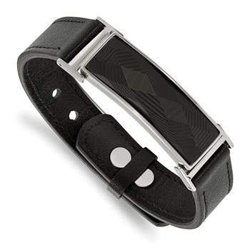 Chisel Stainless Steel Polished Black Leather with Black Carbon Fiber Inlay Adjustable 7 to 9.25 inch Bracelet