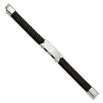 Chisel Stainless Steel Brushed and Polished Braided Black Leather 8.5 inch ID Bracelet — alternate view