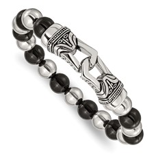 Image of Chisel Stainless Steel Antiqued and Polished 10mm Black Agate Beaded Stretch Bracelet