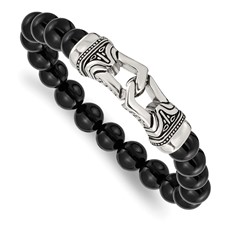 Image of Chisel Stainless Steel Antiqued and Polished 10mm Black Agate Beaded Stretch Bracelet