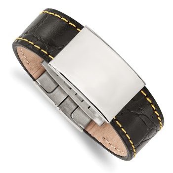 Stainless Steel Polished Black Leather/Yellow Stitch 8.5in ID Bracelet — alternate view