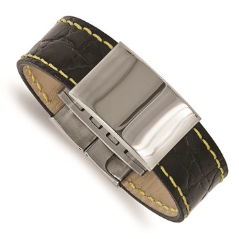 Stainless Steel Polished Black Leather/Yellow Stitch 8.5in ID Bracelet