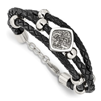 Stainless Steel w/.75in ext Polished w/Druzy and Crystal Leather Bracelet