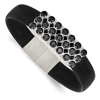 Stainless Steel Polished Black Rubber w/Black CZ 8in Bracelet
