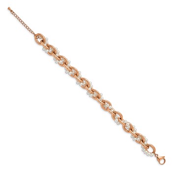 Stainless Steel Polished Rose IP-Plated & Faux Pearl w/1.5in ext. Bracelet — alternate view