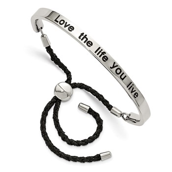 Stainless Steel Polished Black Enamel & Fabric LOVE LIFE Adjustable Bangle