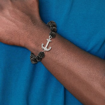 Chisel Stainless Steel Polished Anchor 10mm Black Lava Stone Stretch Bracelet — alternate view