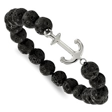 Image of Chisel Stainless Steel Polished Anchor 10mm Black Lava Stone Stretch Bracelet