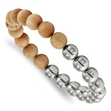 Image of Chisel Stainless Steel Polished Beads and Cypress Wood Beaded Stretch Bracelet