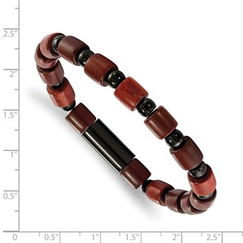 Chisel Stainless Steel Polished Black IP-plated Beads and Wood Beaded Stretch Bracelet — alternate view