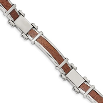 Chisel Stainless Steel Polished with Wood Inlay 8.25 inch Link Bracelet