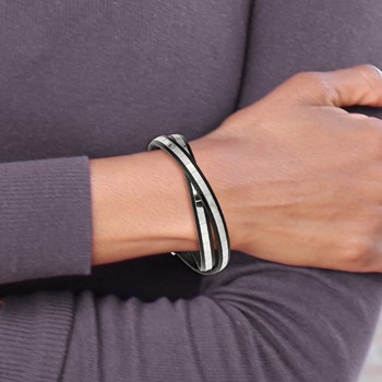 Stainless Steel Polished Italian Leather 14.5in w/2in ext Wrap Bracelet — alternate view