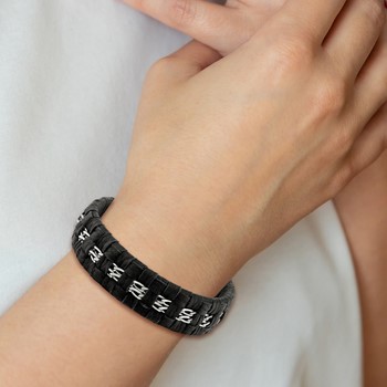 Stainless Steel Polished Black Woven Leather 7in w/.5in ext Bracelet — alternate view