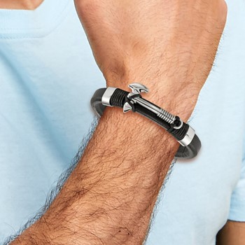 Chisel Stainless Steel Polished Hatchet Black Leather 8.5 inch Bracelet — alternate view