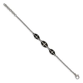 Stainless Steel Polished Black IP-plated 7in w/1in ext. Cross Bracelet — alternate view