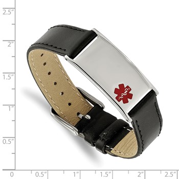 Chisel Stainless Steel Polished with Red Enamel Medical ID Black Leather Adjustable 6.5 to 8.25 inch Bracelet — alternate view
