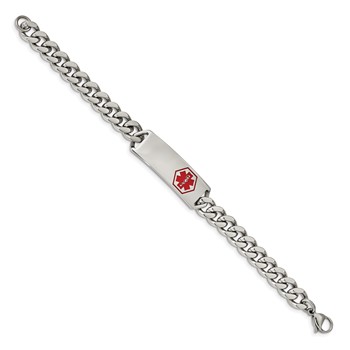 Chisel Stainless Steel Polished with Red Enamel Medical ID 8 inch Curb Chain Bracelet — alternate view