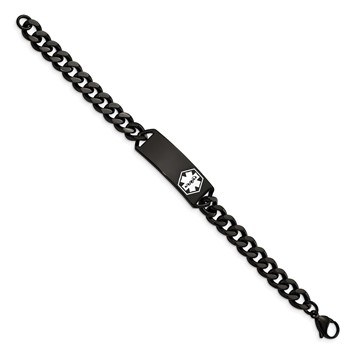 Chisel Stainless Steel Polished Black IP-plated with White Enamel Medical ID 8 inch Curb Chain Bracelet — alternate view