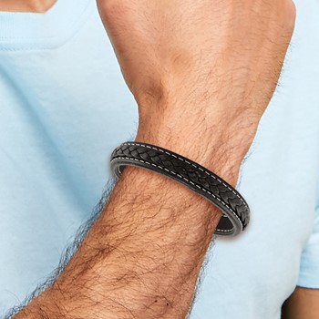 Stainless Steel Polished Brown IP-plated Brown Leather 8.25in Bracelet — alternate view