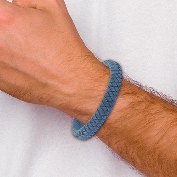Stainless Steel Brushed Light Blue Leather Braided 8.25in Bracelet — alternate view