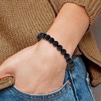 Chisel Stainless Steel Polished Black IP-plated 8mm Lava Rock Beaded Stretch Bracelet — alternate view