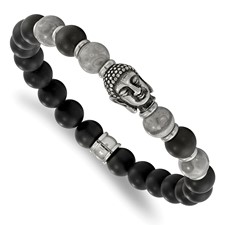 Image of Chisel Stainless Steel Antiqued and Polished Buddha 8mm Black Agate and Grey Jasper Beaded Stretch Bracelet