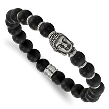Image of Chisel Stainless Steel Antiqued and Polished Buddha 8mm Black Agate Beaded Stretch Bracelet
