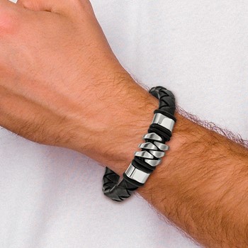 Chisel Stainless Steel Brushed and Polished Black Woven Leather 8 inch Bracelet with .5 inch Extension — alternate view