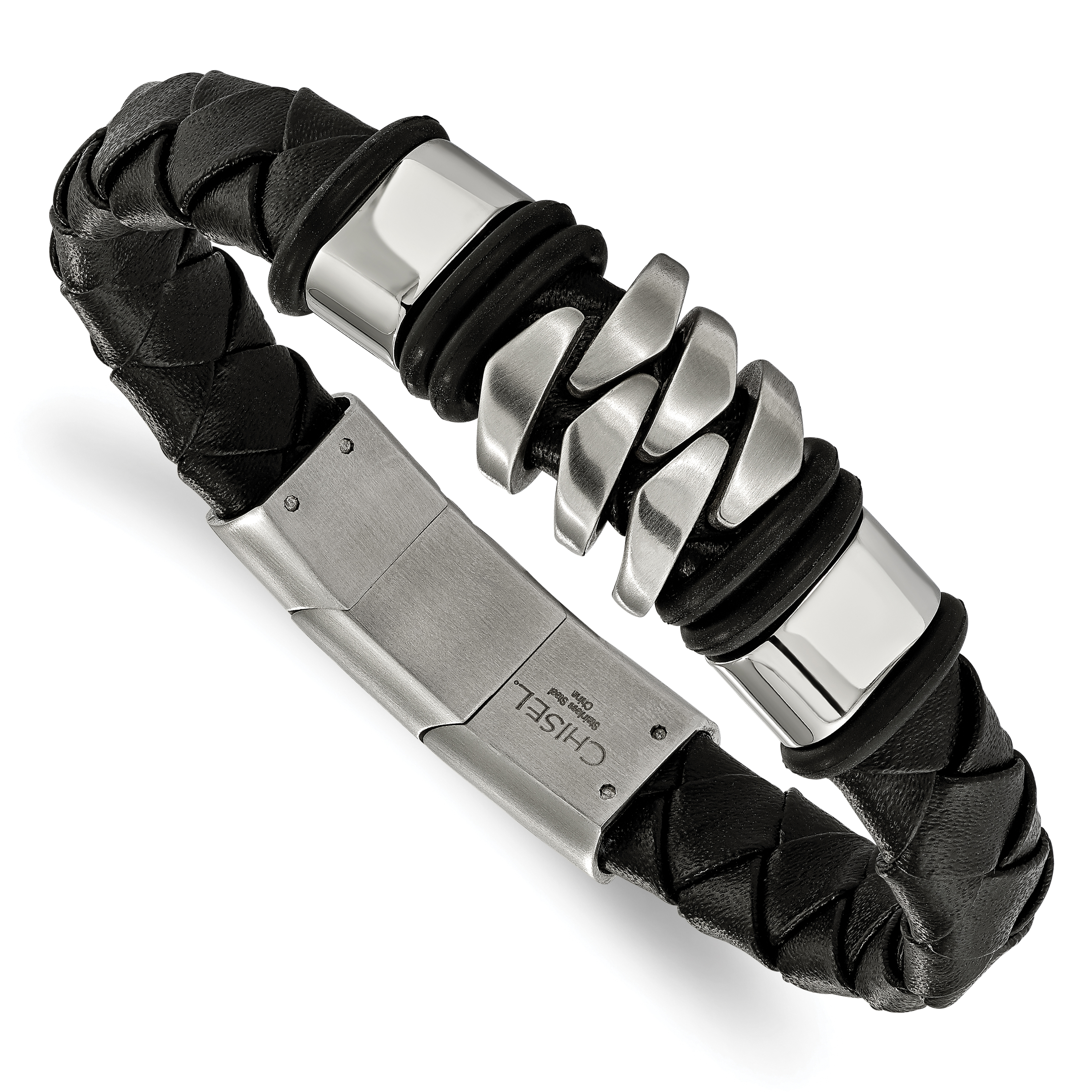 Chisel Stainless Steel Brushed and Polished Black Leather Bracelet