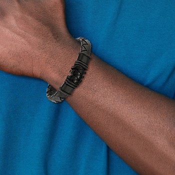 Chisel Stainless Steel Polished and Brushed Black IP-plated Black Woven Leather 8.25 inch Bracelet — alternate view