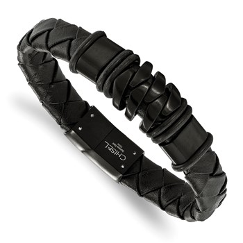 Chisel Stainless Steel Polished and Brushed Black IP-plated Black Woven Leather 8.25 inch Bracelet