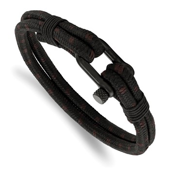 Chisel Stainless Steel Polished Black IP-plated Black Woven Nylon and Cotton 8.5 inch Bracelet