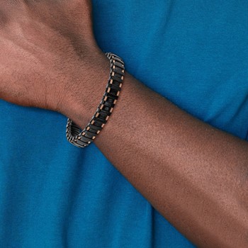 Chisel Stainless Steel Polished Rose IP-plated Cable and Black Leather 8.5 inch Bracelet — alternate view