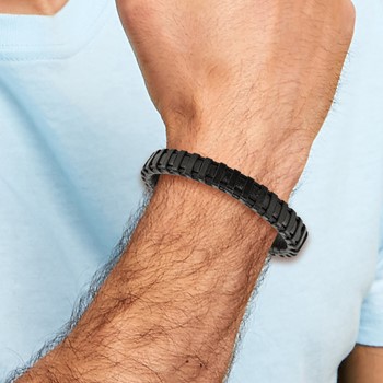 Chisel Stainless Steel Polished Black IP-plated Cable and Black Leather 8.5 inch Bracelet — alternate view