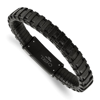 Chisel Stainless Steel Polished Black IP-plated Cable and Black Leather 8.5 inch Bracelet