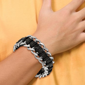 Chisel Stainless Steel Brushed and Polished Black Leather 9 inch Bracelet — alternate view