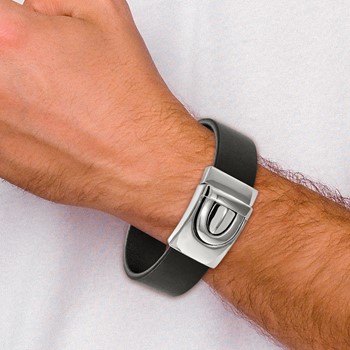 Stainless Steel Polished Black Leather 8.5in Bracelet — alternate view