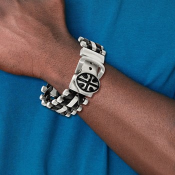 Chisel Stainless Steel Antiqued and Brushed Cross Buckle with Black Leather Adjustable Bracelet — alternate view