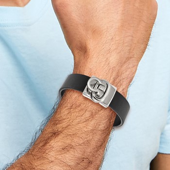 Stainless Steel Polished Black Leather 8.5in Bracelet — alternate view