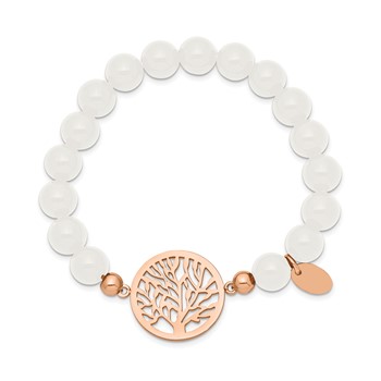 Chisel Stainless Steel Polished Rose IP-plated Tree of Life 8mm White Jade Beaded Stretch Bracelet — alternate view