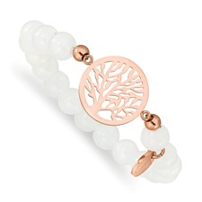 Image of Chisel Stainless Steel Polished Rose IP-plated Tree of Life 8mm White Jade Beaded Stretch Bracelet