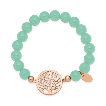 Chisel Stainless Steel Polished Rose IP-plated Tree of Life 8mm Green Dyed Jade Beaded Stretch Bracelet — alternate view